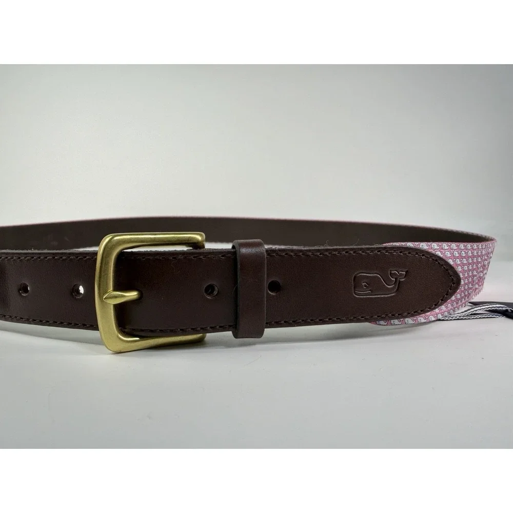 Vineyard Vines Belt Mens 48 Leather Canvas Navy Blue Whale Pink Golf Beach New